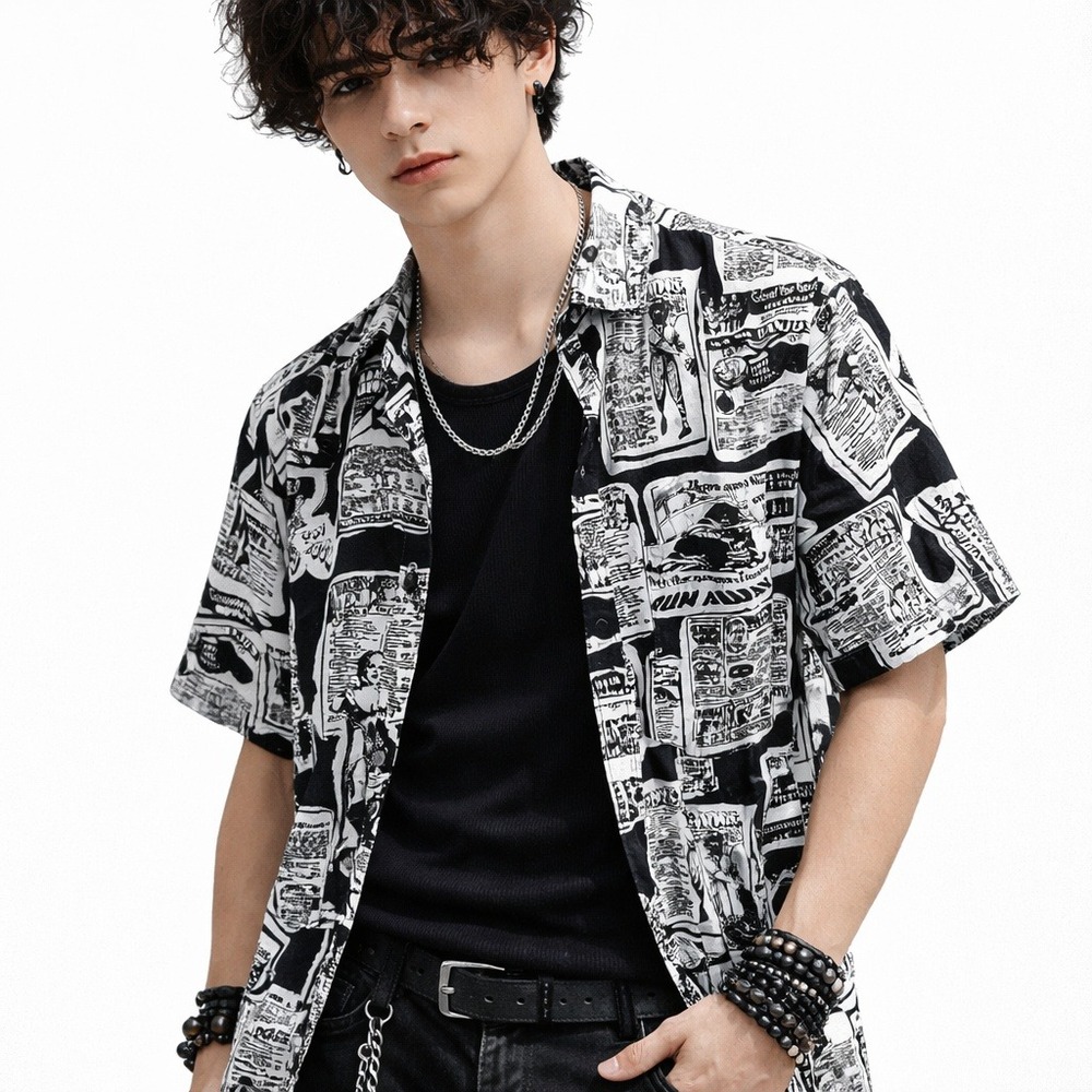 Empyre Graphic Newspaper Print Button Up Shirt Grunge Skater Streetwear Y2K M